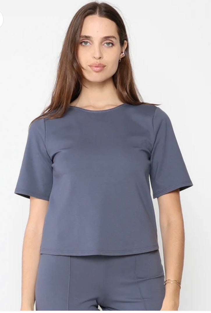 Ponte Knit s/s Top Extended - blue & khaki